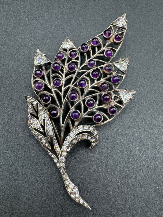 Art Nouveau Sterling Silver Large Amethyst Leaf Brooch