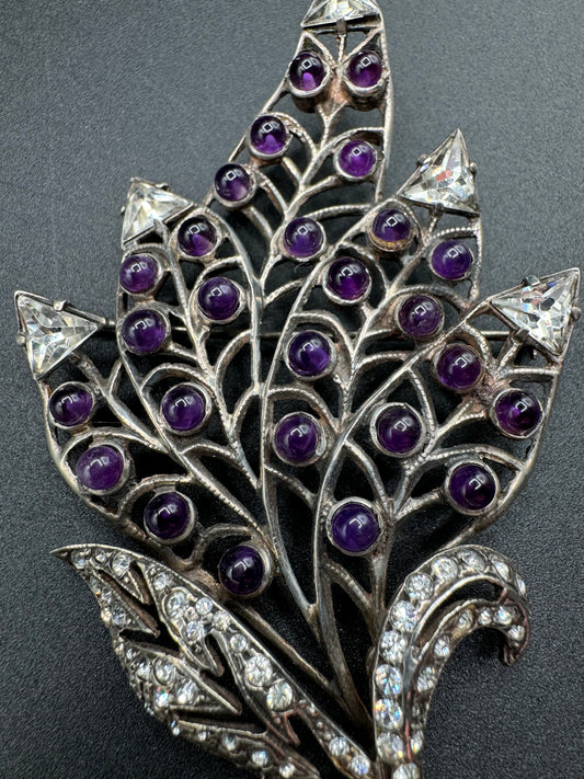 Art Nouveau Sterling Silver Large Amethyst Leaf Brooch