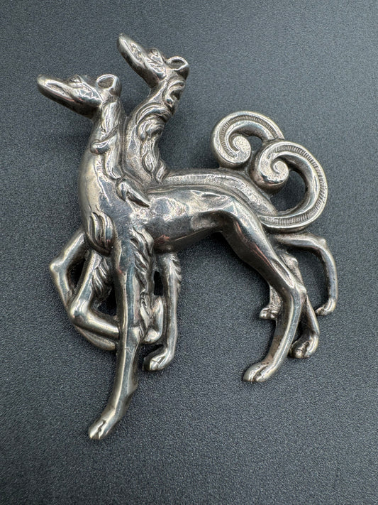 Art Deco Two Dogs Sterling Brooch