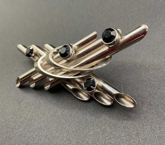 Black Dog VintageArt Deco Antique Sterling Silver Pipes Brooch with Black Stones - Black Dog Vintage