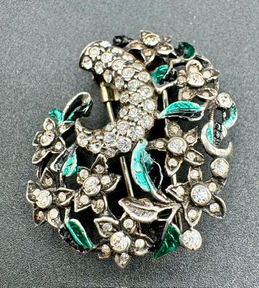 EisenbergEisenberg Original Sterling Silver Enamel Floral Rhinestone 1930’s Fur Clip Brooch RARE - Black Dog Vintage