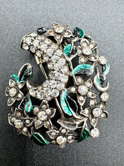 EisenbergEisenberg Original Sterling Silver Enamel Floral Rhinestone 1930’s Fur Clip Brooch RARE - Black Dog Vintage