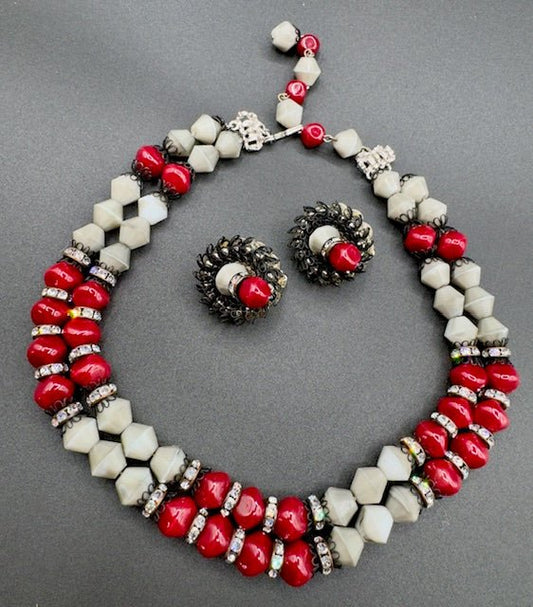 HobeHobe Double Strand Grey And Red Glass Bead Necklace And Clip Earrings Set - Black Dog Vintage