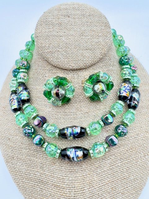 HobeHobe Double Strand Venetian Foiled Green Glass Necklace And Clip Earrings Set - Black Dog Vintage