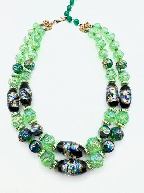 HobeHobe Double Strand Venetian Foiled Green Glass Necklace And Clip Earrings Set - Black Dog Vintage