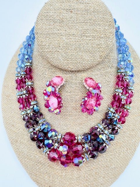 HobeHobe Pink And Blue Crystal Multi Strand Necklace and Creeper Clip Earring Set - STUNNING!! - Black Dog Vintage