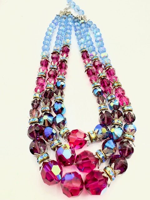 HobeHobe Pink And Blue Crystal Multi Strand Necklace and Creeper Clip Earring Set - STUNNING!! - Black Dog Vintage