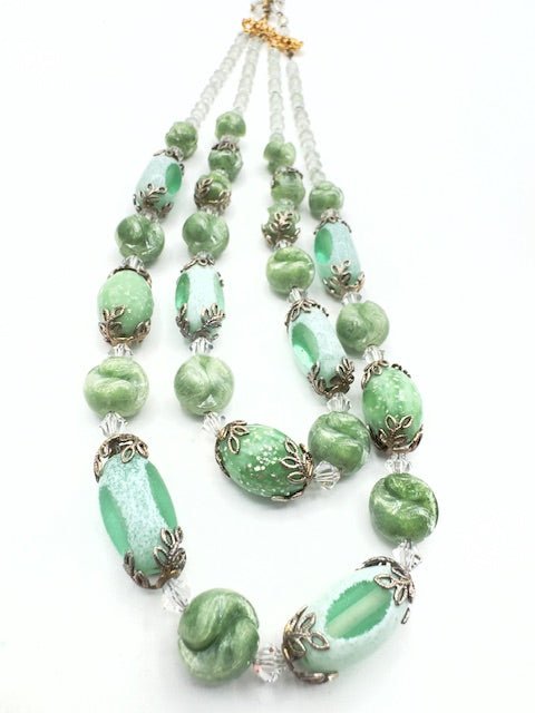 HobeHobe Vintage Double Strand Green Glass Cathedral Bead Necklace And Clip Earrings Set - Black Dog Vintage