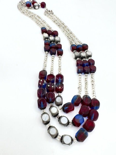 HobeHobe Vintage Triple Strand Glass Cathedral Bead Necklace and Clip Earring Set - Silver - Blue - Red - Black Dog Vintage