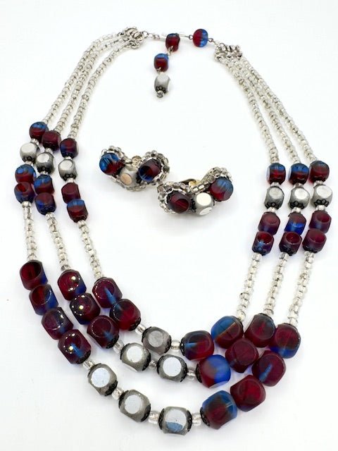 HobeHobe Vintage Triple Strand Glass Cathedral Bead Necklace and Clip Earring Set - Silver - Blue - Red - Black Dog Vintage