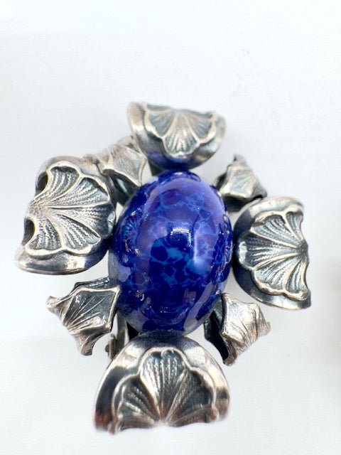 Napier PatRARE Napier Pat Pending Lapis Art Glass Silver Plated Clip Earrings - Black Dog Vintage