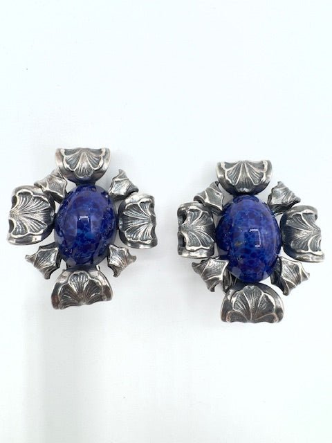 Napier PatRARE Napier Pat Pending Lapis Art Glass Silver Plated Clip Earrings - Black Dog Vintage