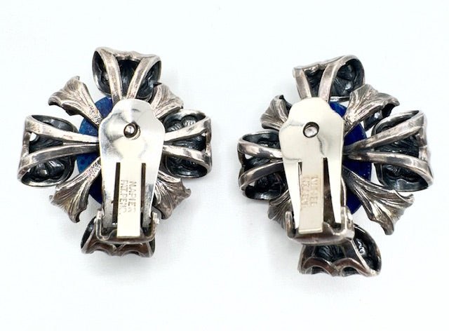 Napier PatRARE Napier Pat Pending Lapis Art Glass Silver Plated Clip Earrings - Black Dog Vintage