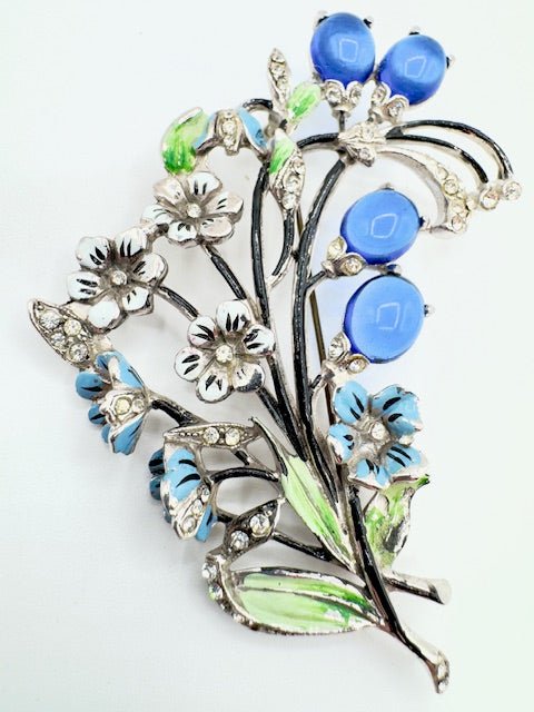 Renaid1930’s - RARE!!! SIGNED!!! RENAID Enamel And Glass Forget Me Not Floral Spray Brooch Pin - Black Dog Vintage