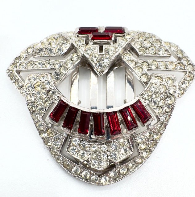 Trifari1930s KTF Trifari Art Deco Ruby Red and Pave Diamanté Dress Clip - Black Dog Vintage