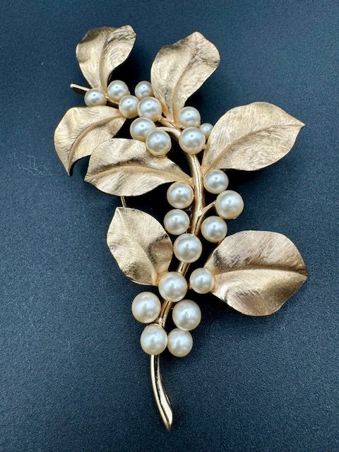 TrifariCrown Large Gold Tone Leaf And Faux Pearl Berries Brooch Pin - Black Dog Vintage