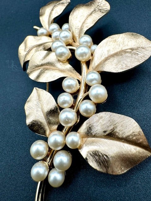 TrifariCrown Large Gold Tone Leaf And Faux Pearl Berries Brooch Pin - Black Dog Vintage