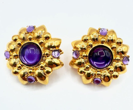 TrifariVintage Trifari TM Amethyst Glass Cabochon Gold Tone Flower Brooch and Clip Earrings Set - Black Dog Vintage