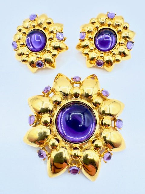 TrifariVintage Trifari TM Amethyst Glass Cabochon Gold Tone Flower Brooch and Clip Earrings Set - Black Dog Vintage