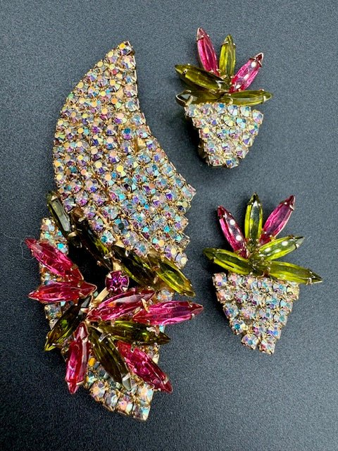 Unmarked1960’s Austrian Crystal AB Rhinestone Pink and Green Brooch and Earring Set - Black Dog Vintage