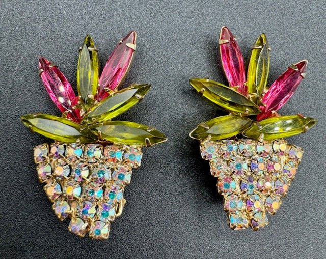 Unmarked1960’s Austrian Crystal AB Rhinestone Pink and Green Brooch and Earring Set - Black Dog Vintage