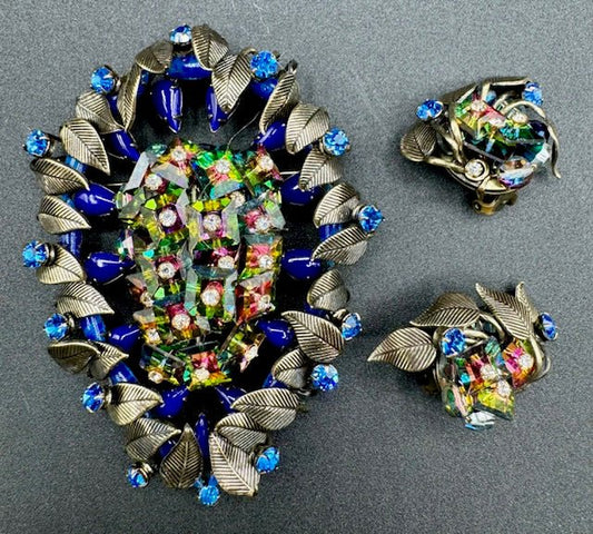 unsignedLarge Vintage Watermelon Crystal and Blue Rhinestone Brooch and Earrings Set - Black Dog Vintage