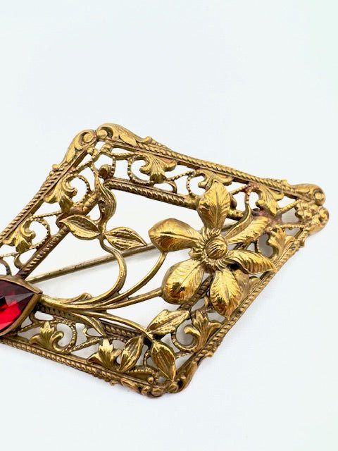 victorianVictorian Brass Floral Sash Pin Brooch Red Stone - C Clasp - Incredible! - Black Dog Vintage