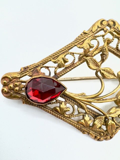 victorianVictorian Brass Floral Sash Pin Brooch Red Stone - C Clasp - Incredible! - Black Dog Vintage