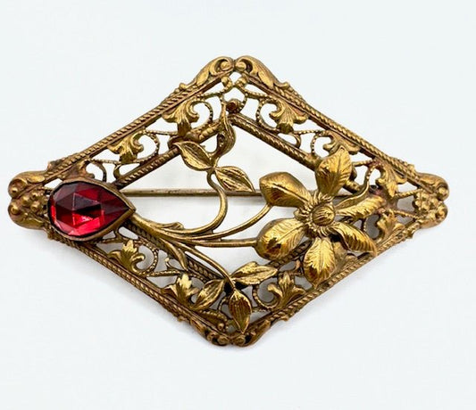 victorianVictorian Brass Floral Sash Pin Brooch Red Stone - C Clasp - Incredible! - Black Dog Vintage