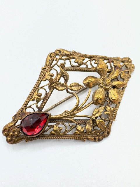 victorianVictorian Brass Floral Sash Pin Brooch Red Stone - C Clasp - Incredible! - Black Dog Vintage