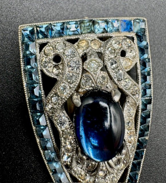 vintageArt Deco Sapphire Blue and Clear Rhinestone Dress Clip - Stunning! - Black Dog Vintage