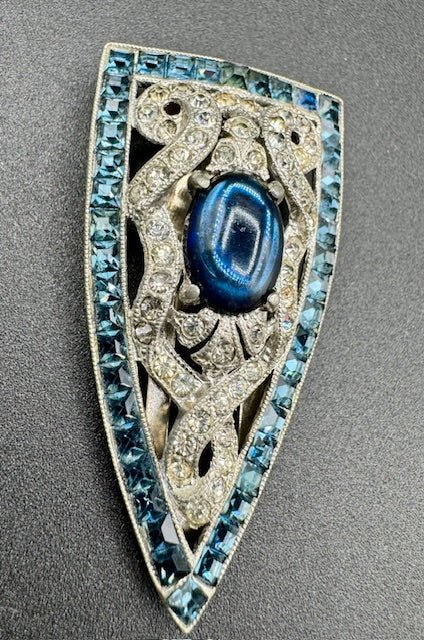 vintageArt Deco Sapphire Blue and Clear Rhinestone Dress Clip - Stunning! - Black Dog Vintage