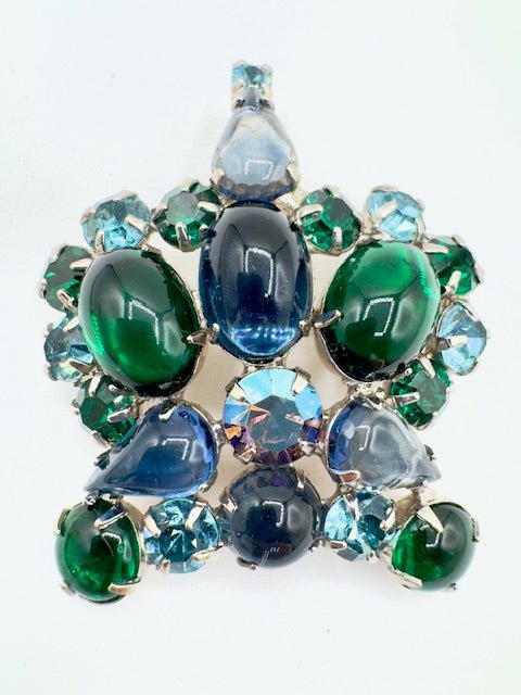 WeissWeiss Blue Green Glass Cabochon Crown Brooch Pin - Black Dog Vintage